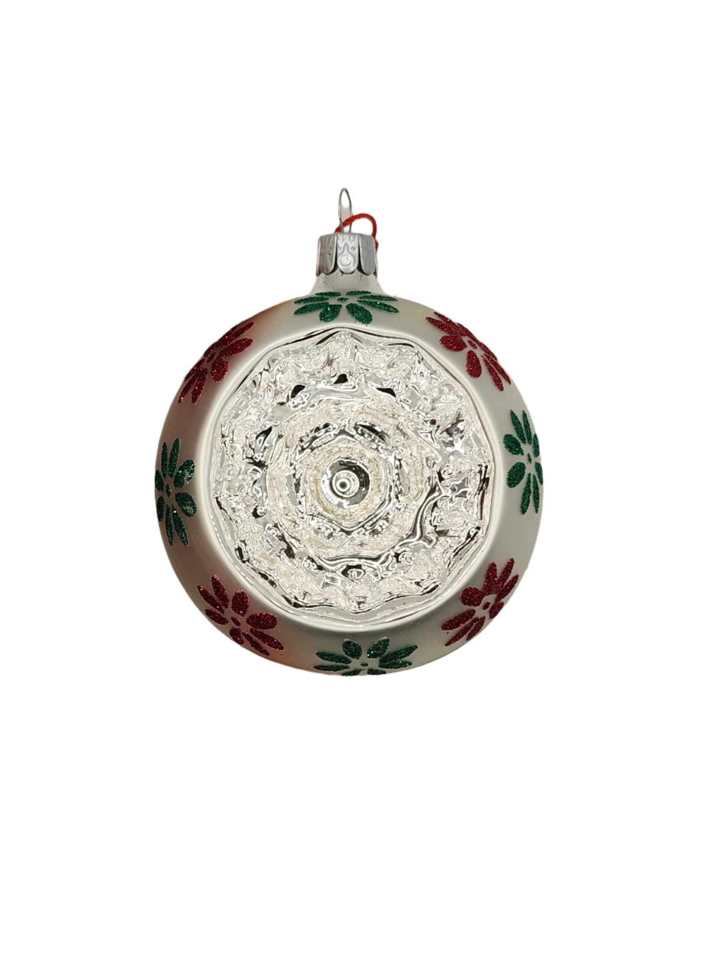 European Glass Christmas ornament of a Bauble | Silver Indent with Red & Green Flowers (E)