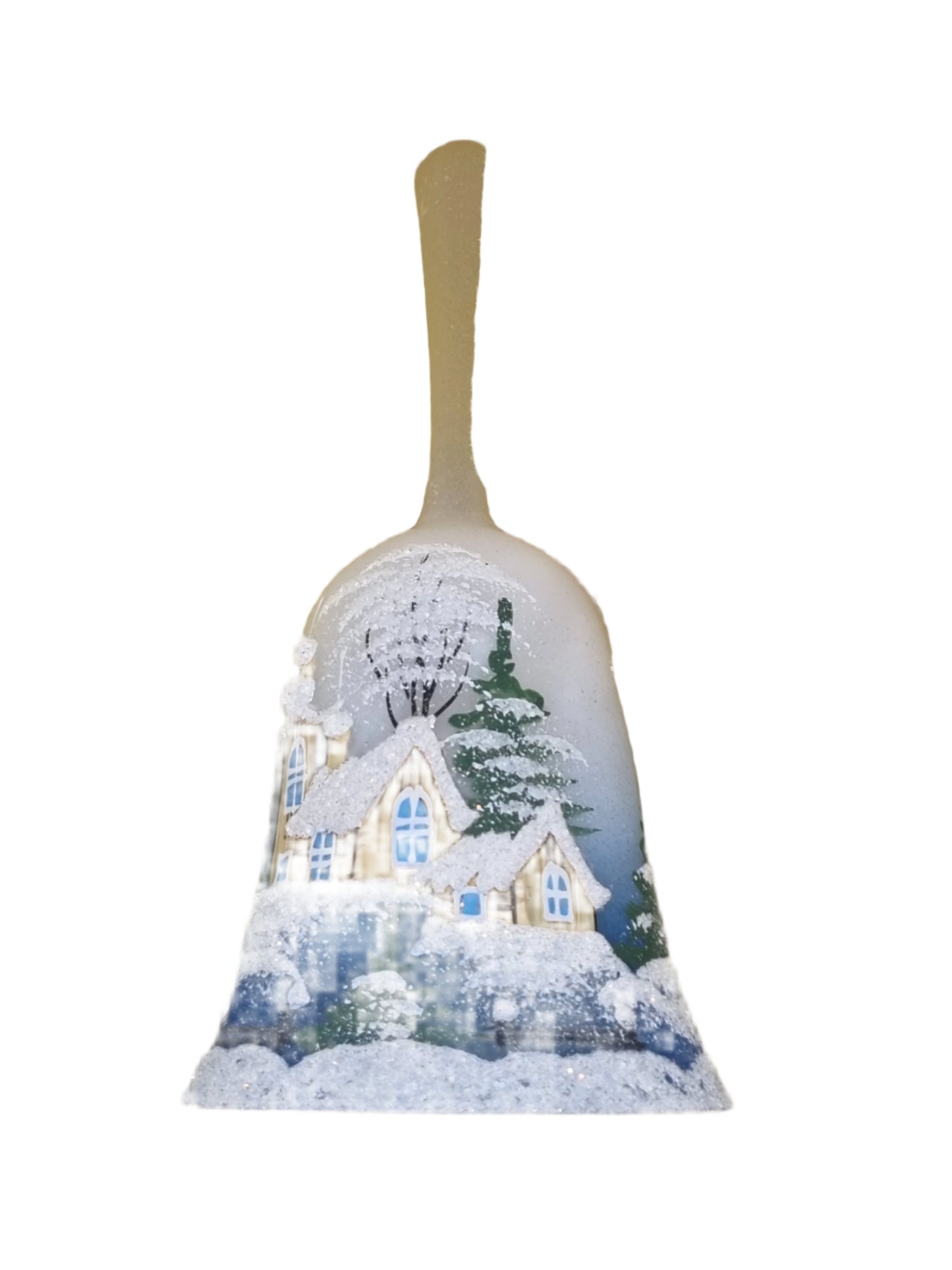 European Glass homewares - a Glass Bell with a snowy winter village scene with with houses and fir trees in a blue theme