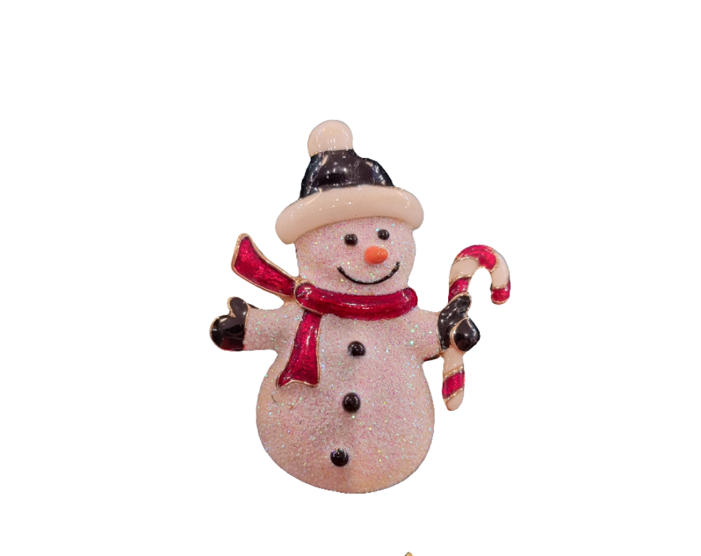 European Glass Christmas ornament of a Snowman with Candy Cane | Brooch V