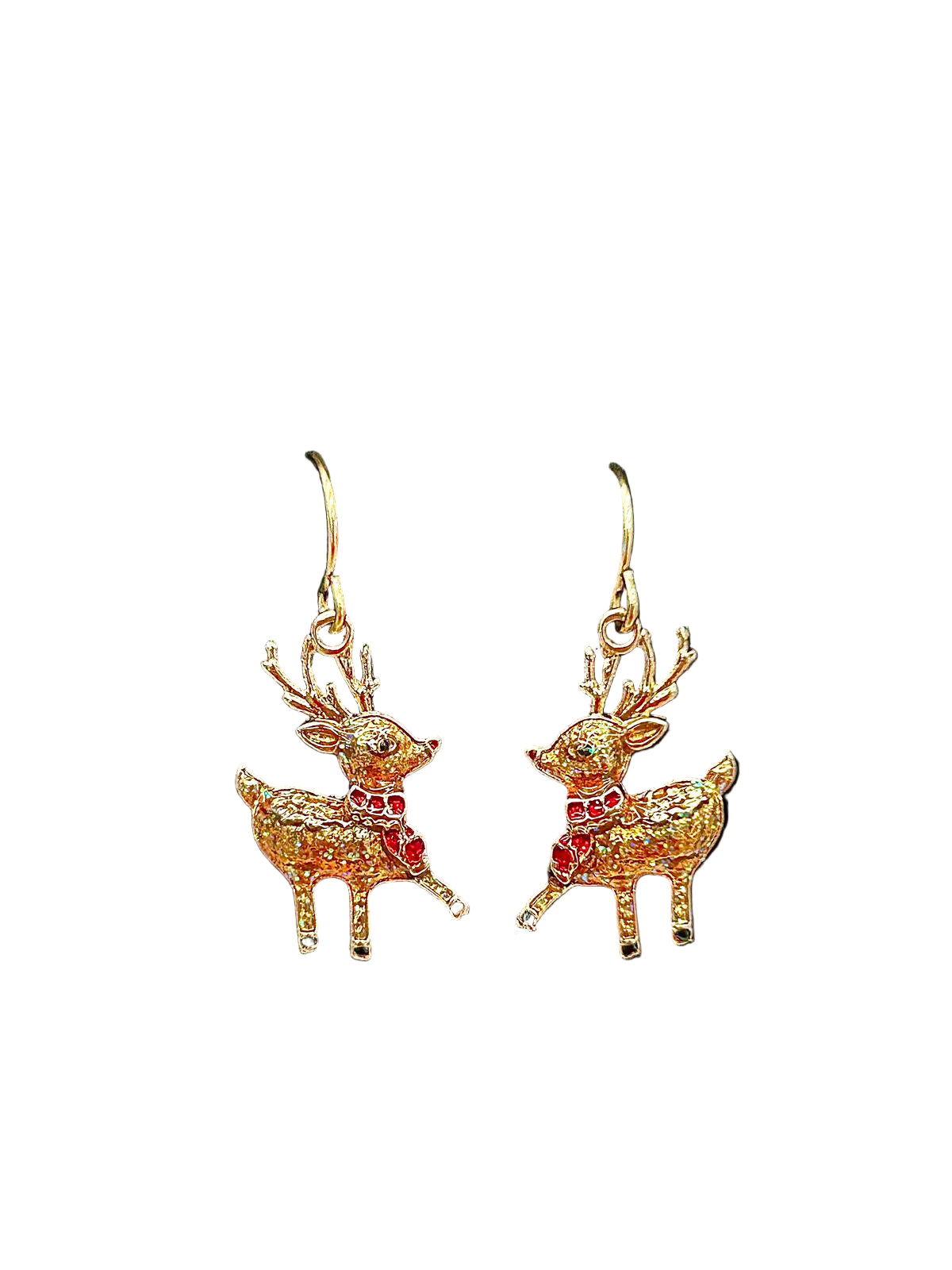 Gold reindeer earrings with red bow