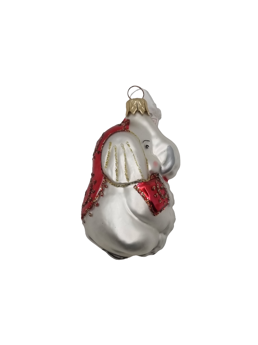 European Glass Christmas ornament of a Elephant Sitting Red Back (H)