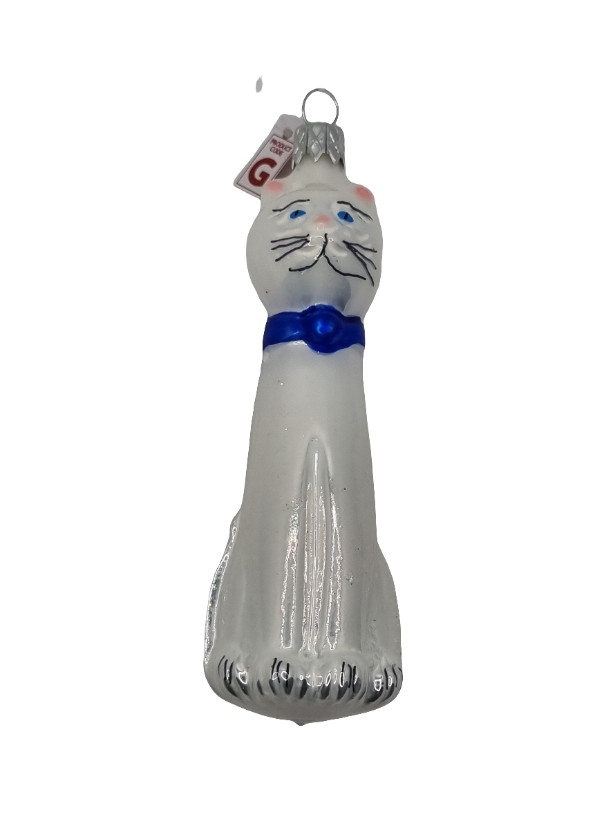 European Glass Christmas ornament of a Cat | Bow Tie Sitting Tall (K)