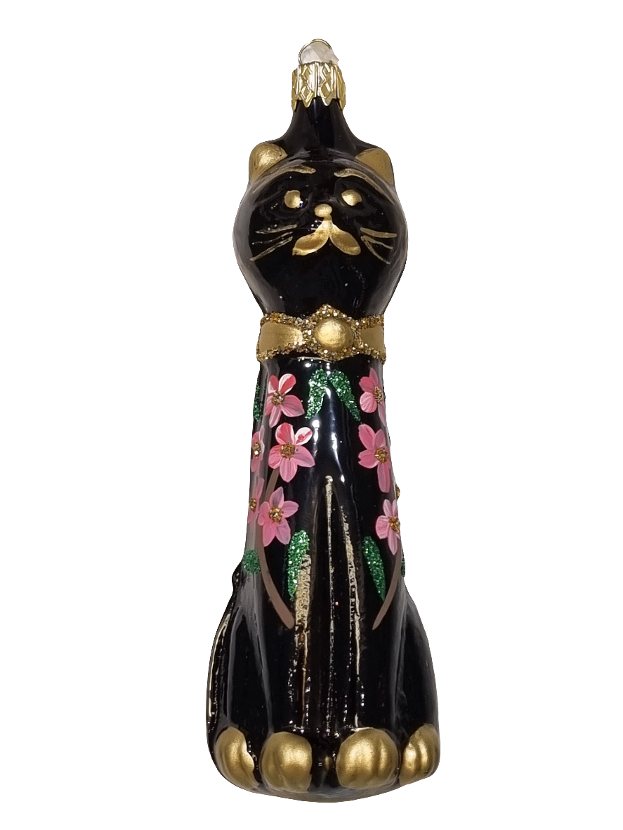 European Glass Christmas ornament of a Cat | Tall Black (K)