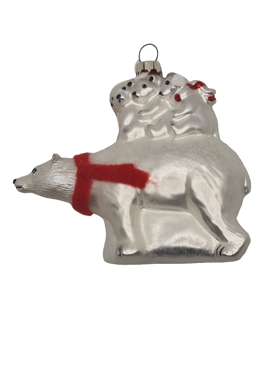European Glass Christmas ornament of a Polar Bear with Three Cubs and Scarf (S)