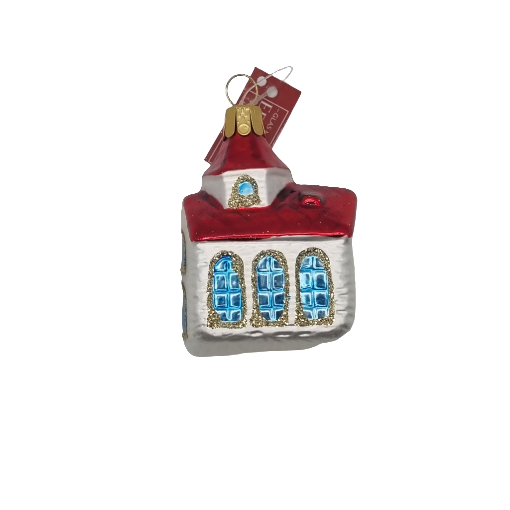 European Glass Christmas ornament of a Church Blue Windows (K)
