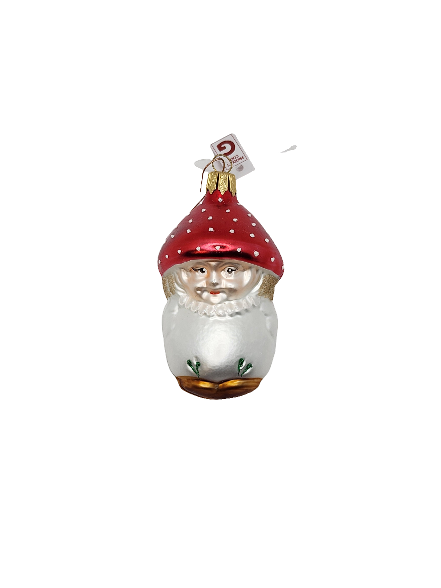 European Glass Christmas ornament of a Gnome Man Mushroom Hat (G)