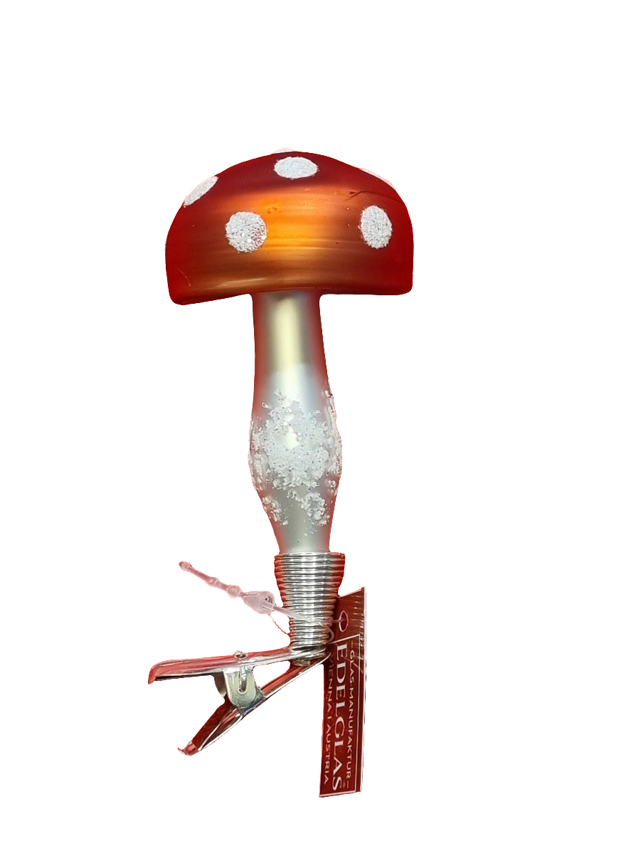 European Glass Christmas ornament of a Mushroom on Clip (H)