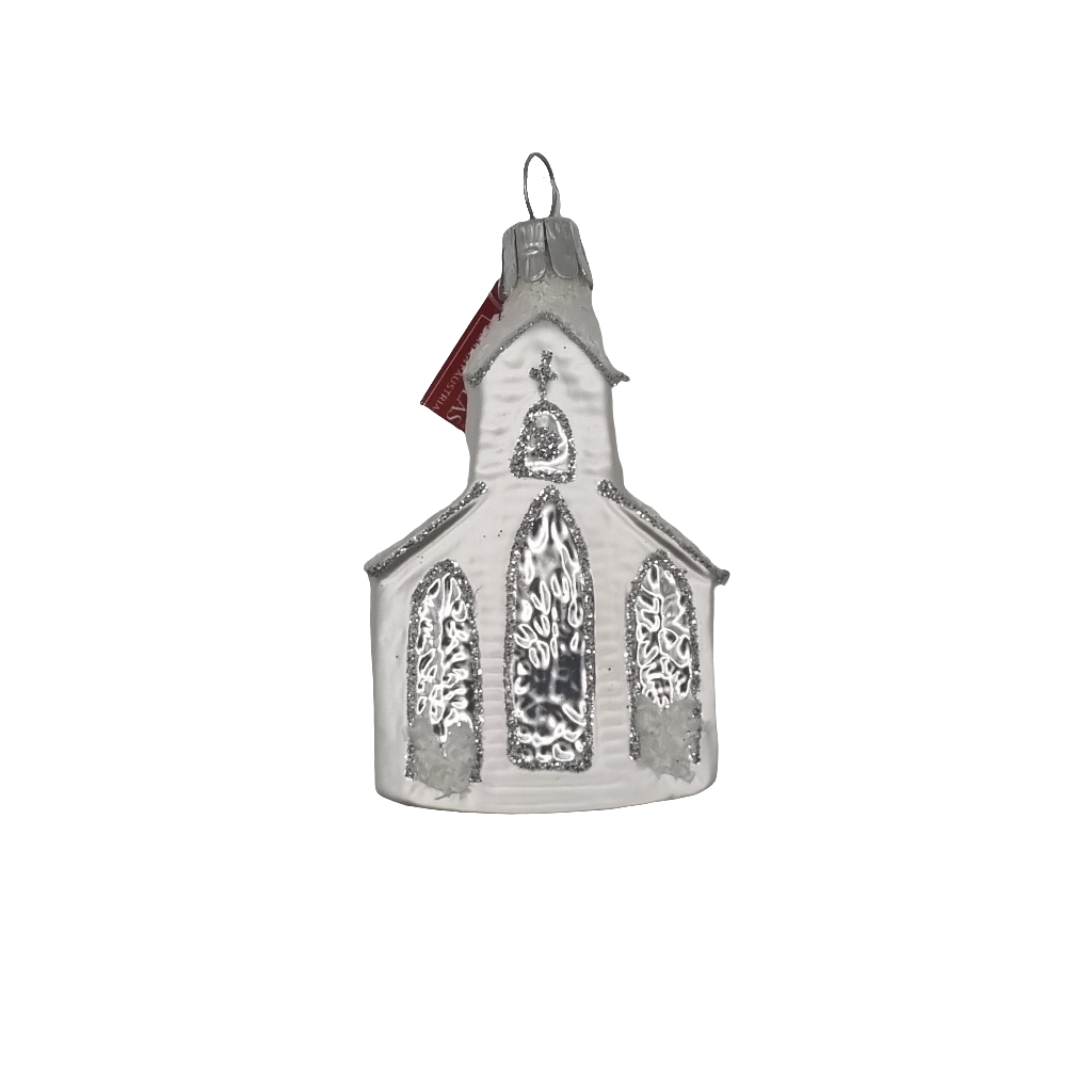 European Glass Christmas ornament of a Chapel Snow with Trees (D)