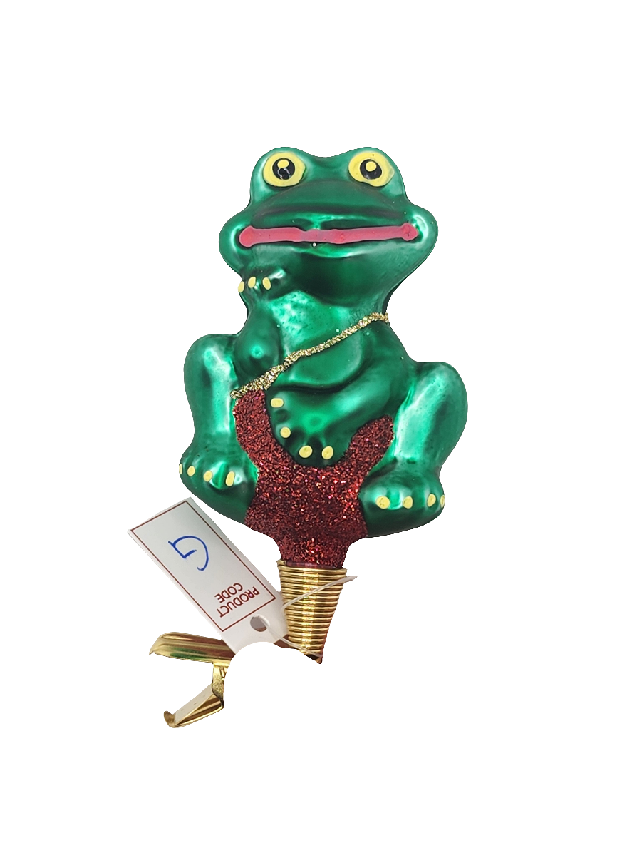 European Glass Christmas ornament of a Frog Cartoon on Clip (G)
