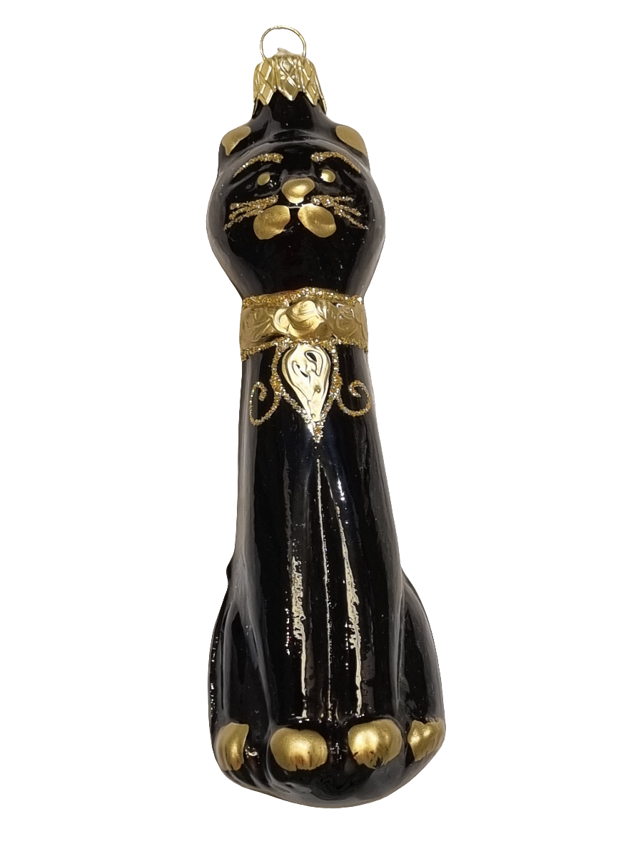 European Glass Christmas ornament of a Cat | Tall Black (K)