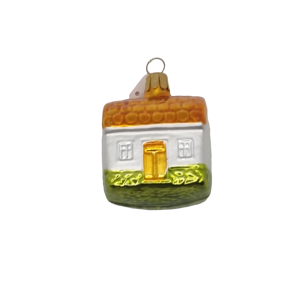European Glass Christmas ornament of a House Green Grass Coloured Roof (F)