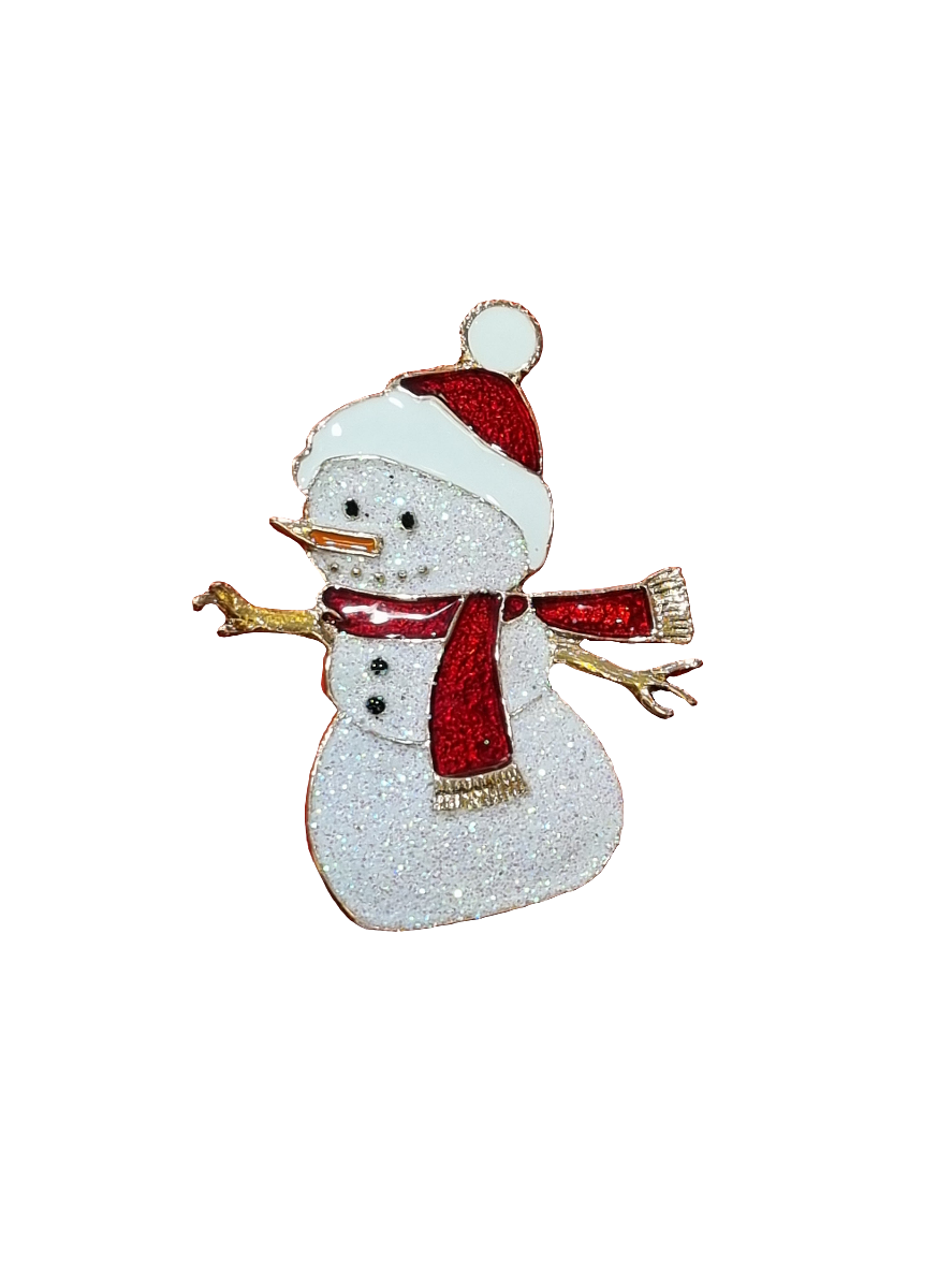 European Glass Christmas ornament of a Flat Sparkly Snowman | Brooch V