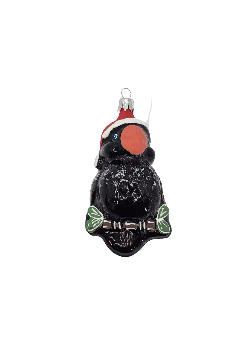 European Glass Christmas ornament of a Bird | on Branch with Santa Hat (F)