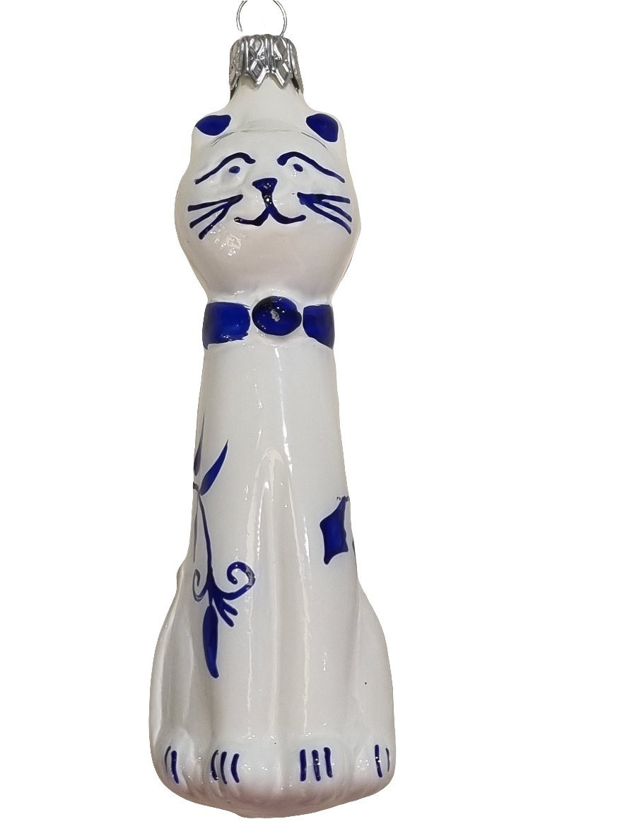 European Glass Christmas ornament of a Cat | Bow Tie Sitting Tall (K)