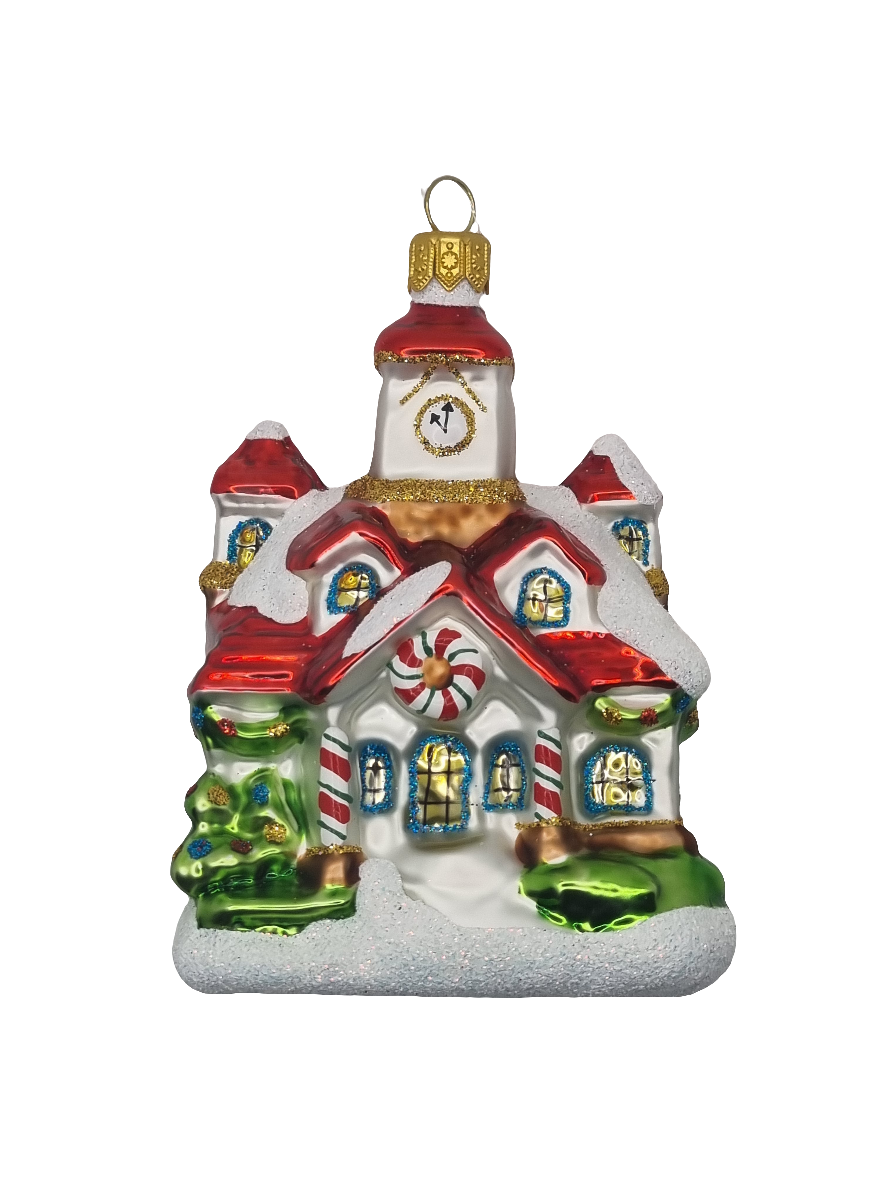 European Glass Christmas ornament of a House | Candy Striped with Snow (U)