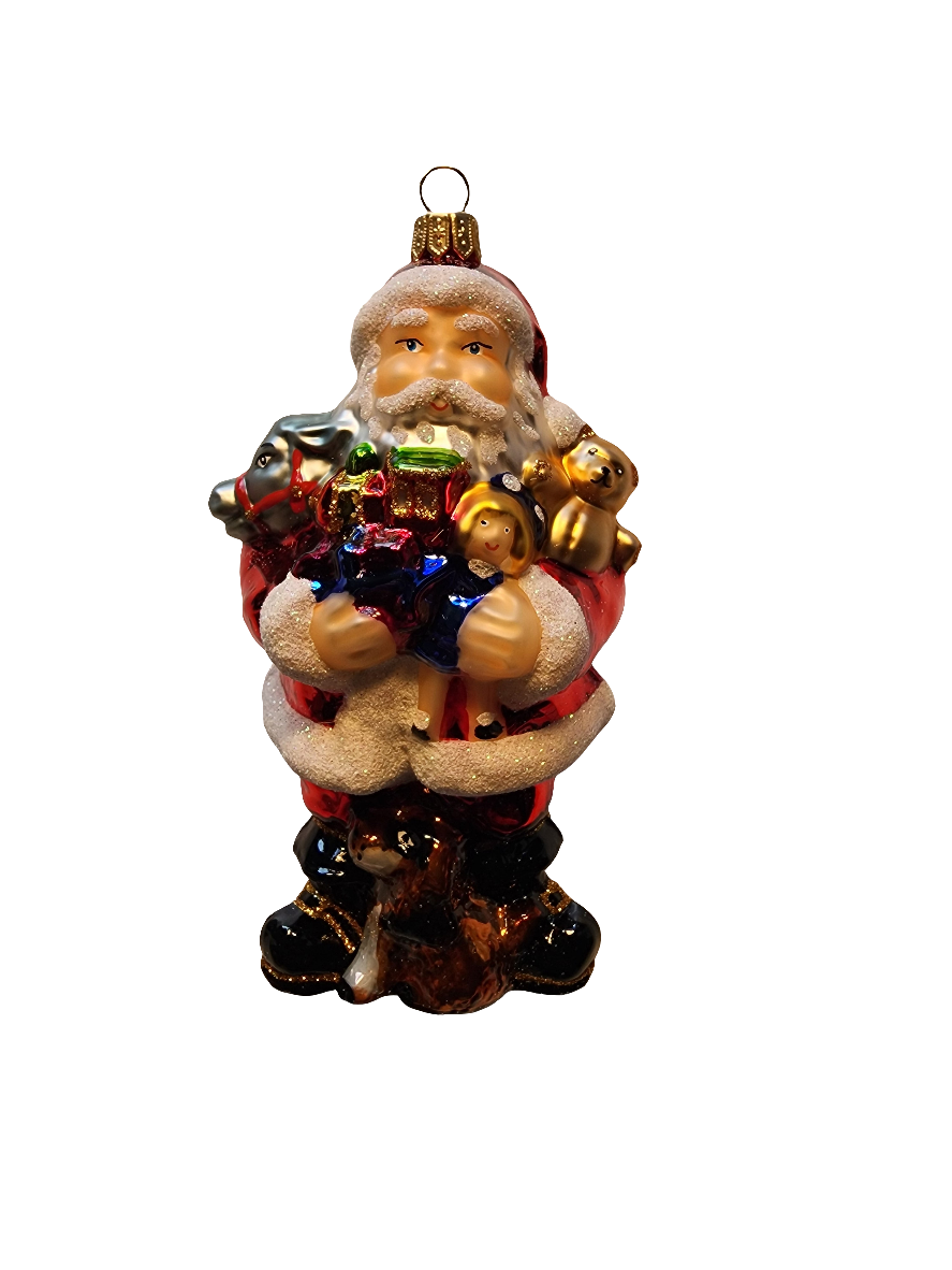 European Glass Christmas ornament of a Santa with Armful of Presents (W)