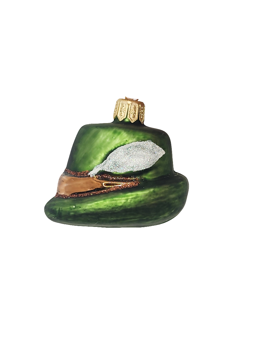 European Glass Christmas ornament of a Fedora Hat with Feather (G)