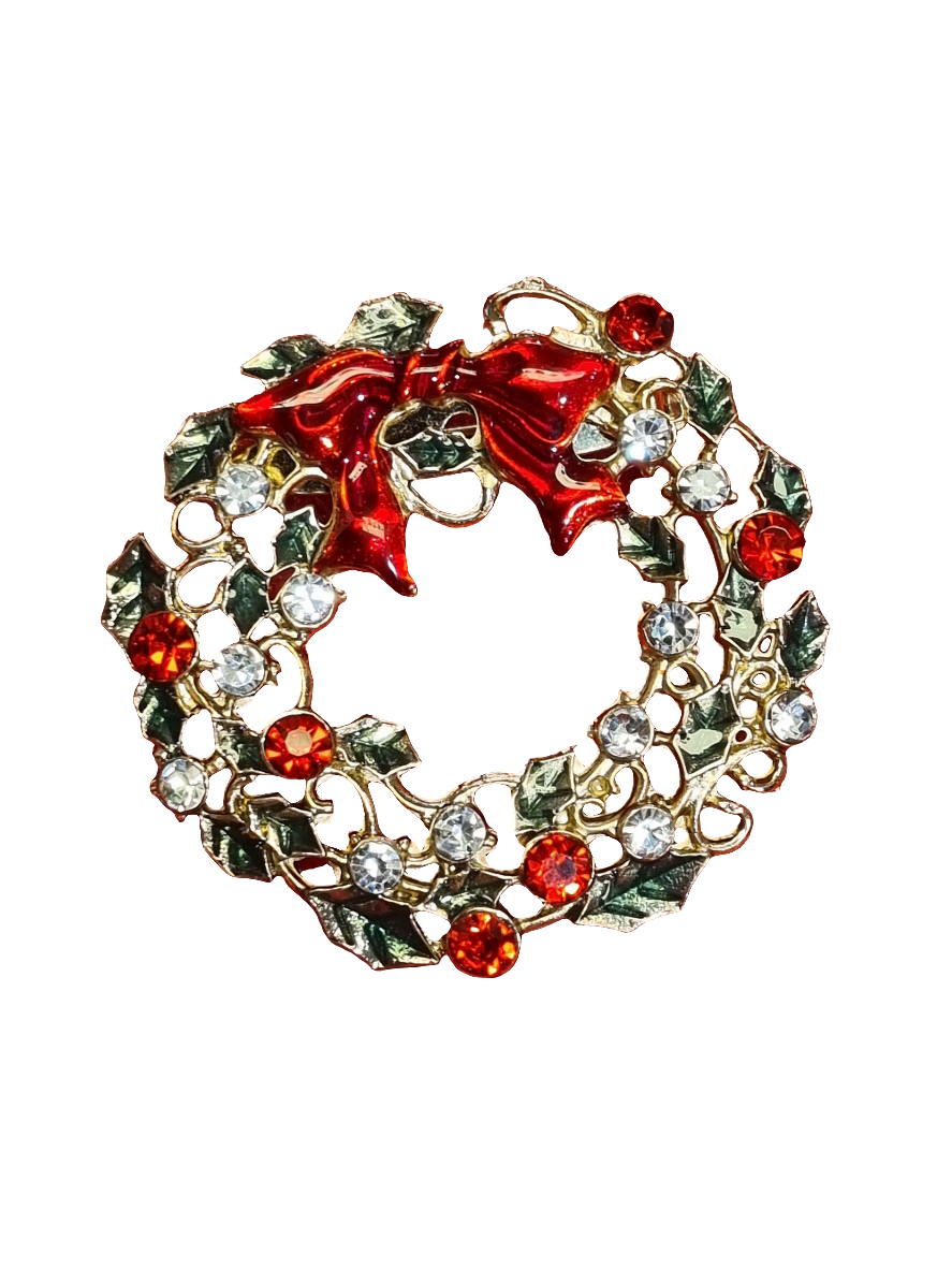 European Glass Christmas ornament of a Delicate Crystal Wreath with Top Bow | Brooch V