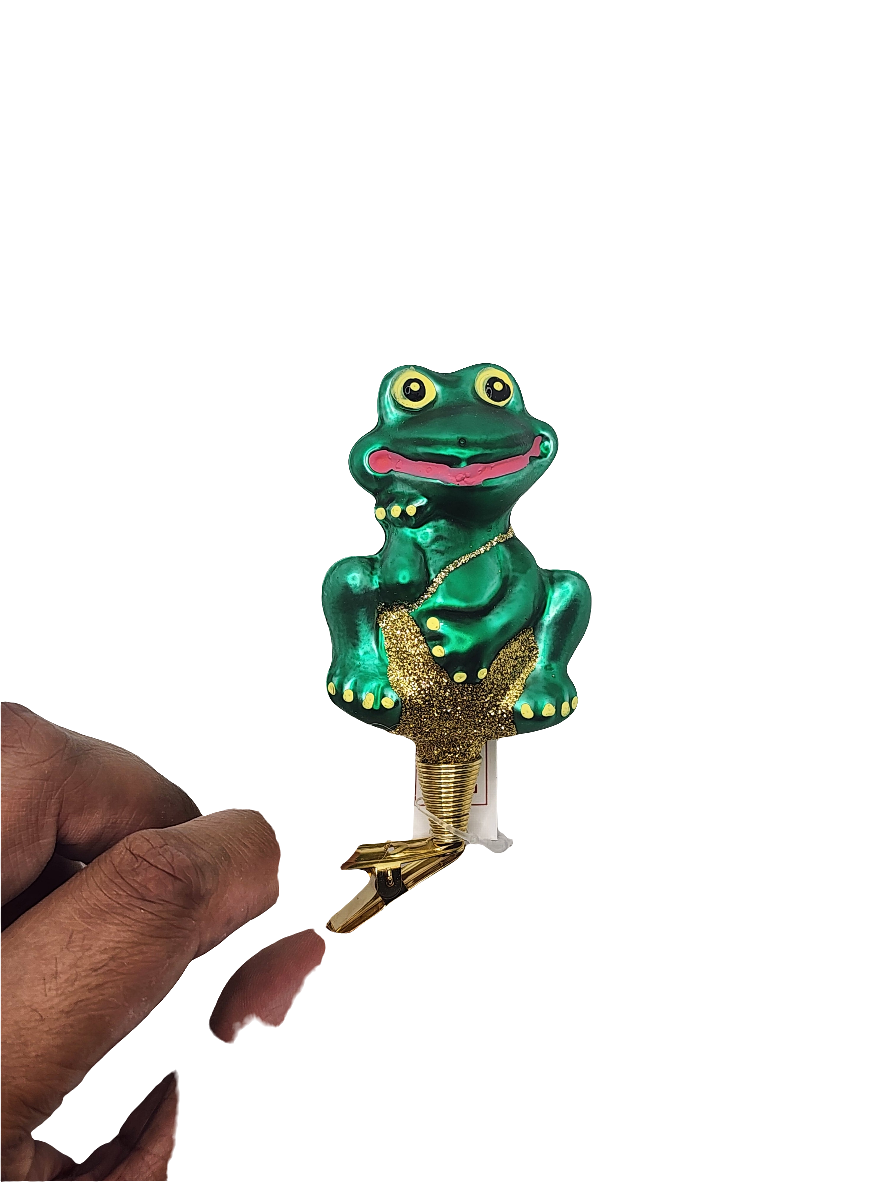 European Glass Christmas ornament of a Frog Cartoon on Clip (G)