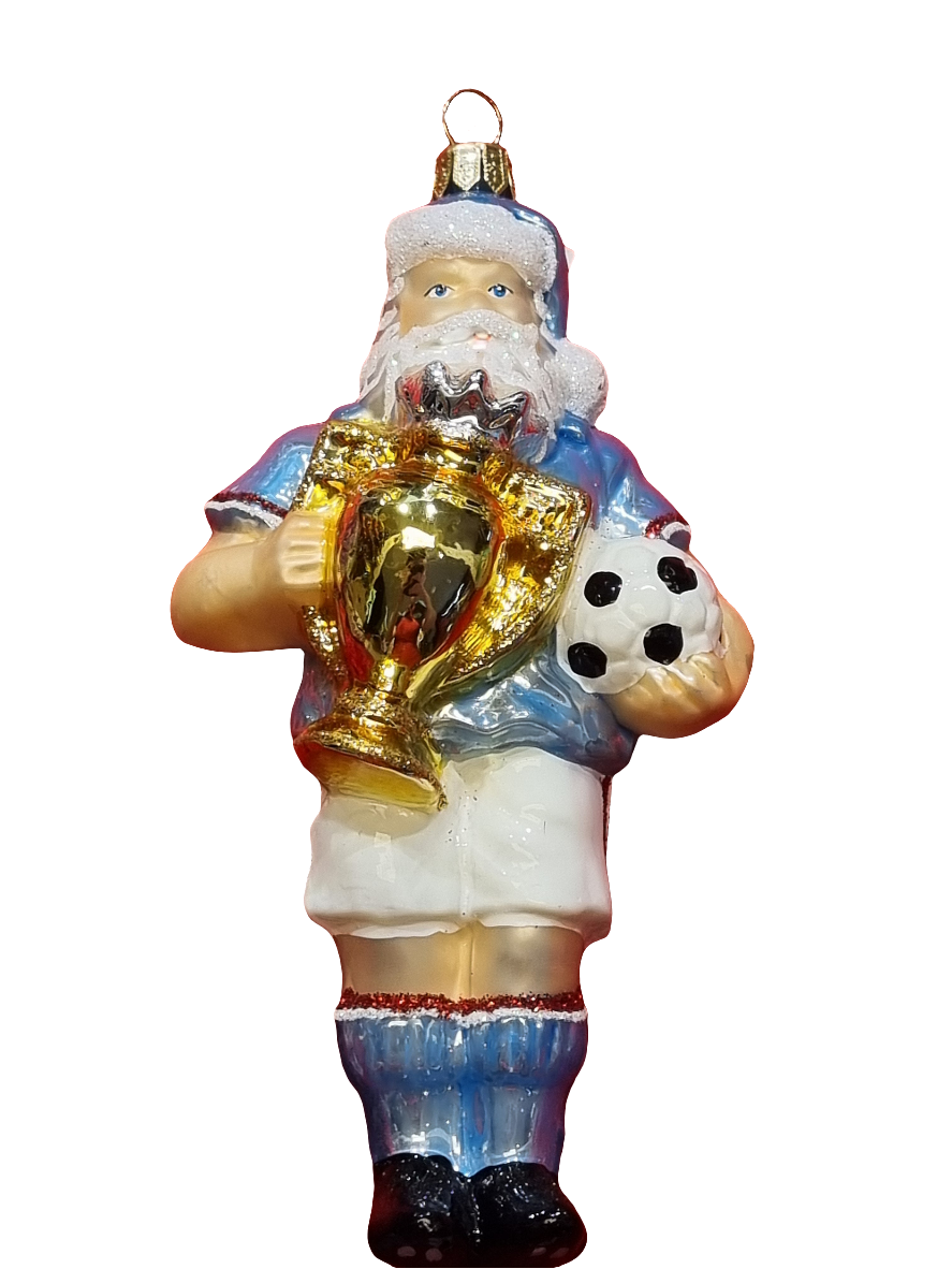 European Glass Christmas ornament of a Santa Soccer/Football Trophy Winner (V)