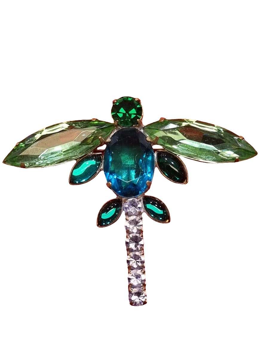 European Glass Christmas ornament of a Dragonfly with Green Crystal Wings | Brooch V