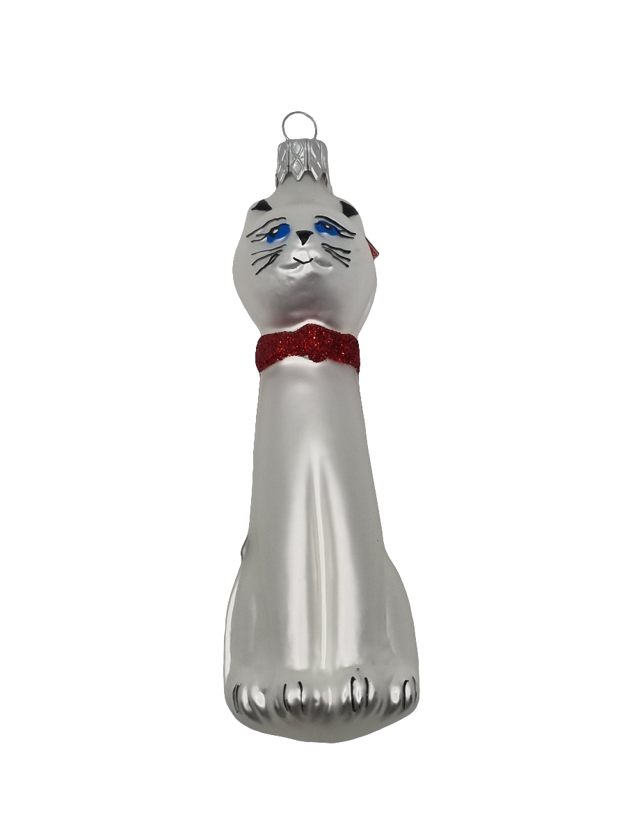 European Glass Christmas ornament of a Cat | Bow Tie Sitting Tall (K)