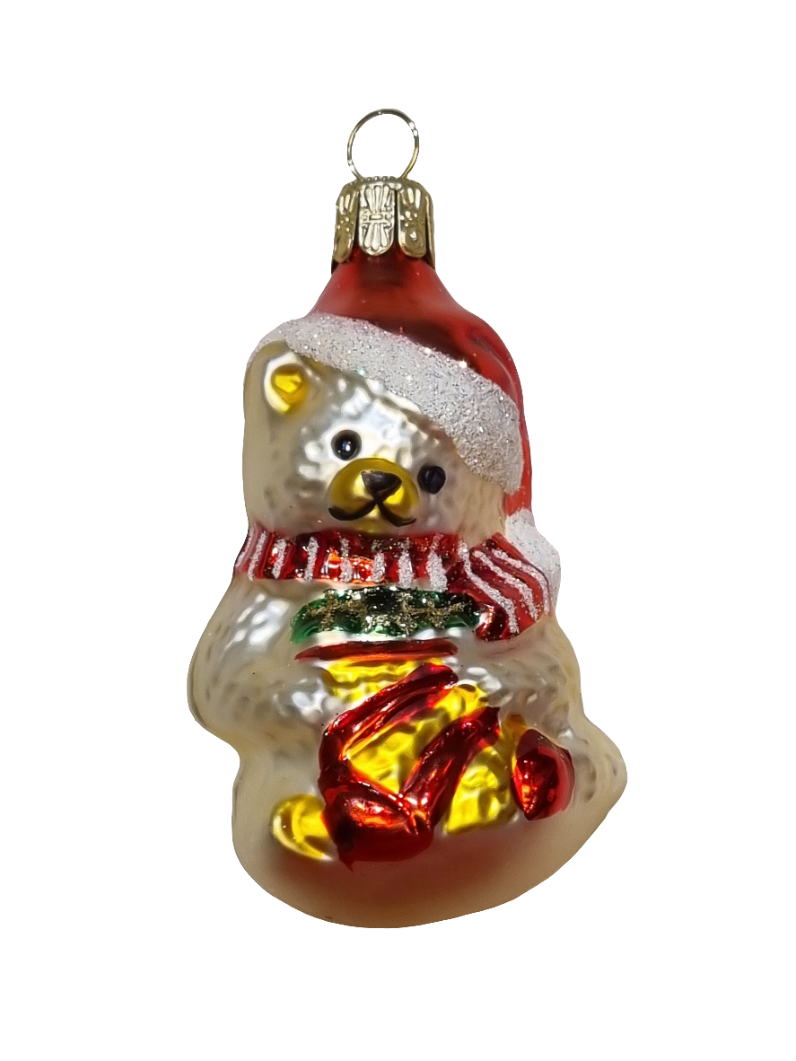 European Glass Christmas ornament of a Bear | Teddy Bear in Hat, Scarf & Stocking (H)