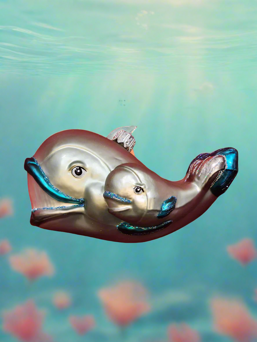 European Glass Christmas ornament of a Whale with Baby Calf (V)