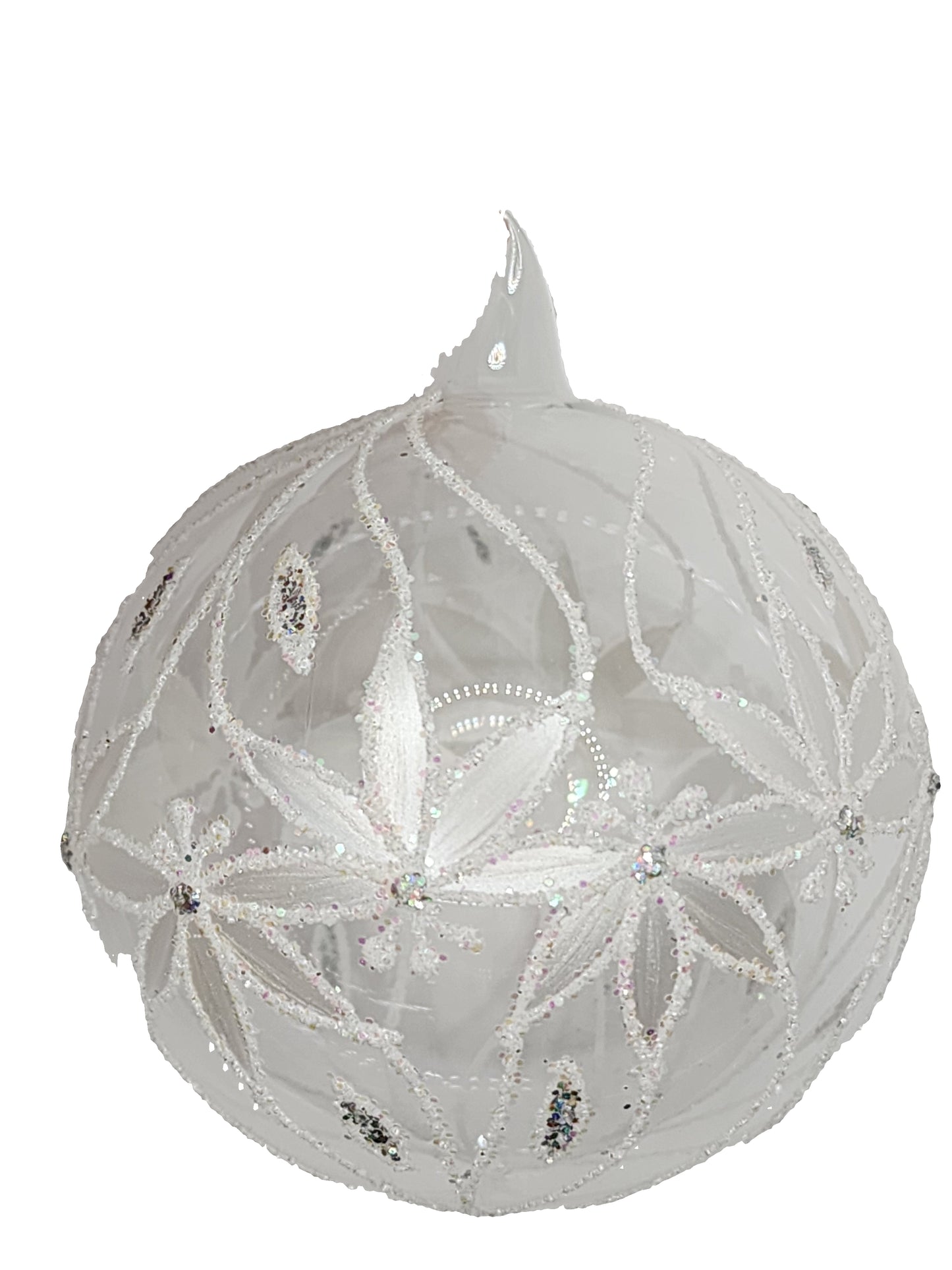 Clear glass bauble with floral design against a light gray background
