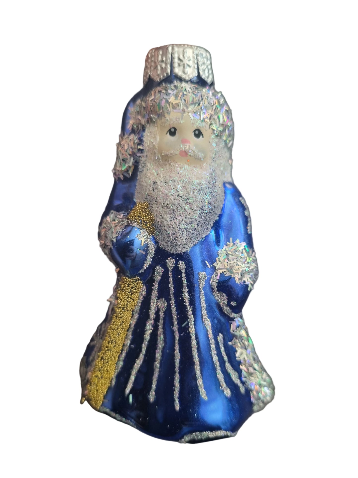 Decorative figurine of a wizard in a blue dress with silver and gold accents