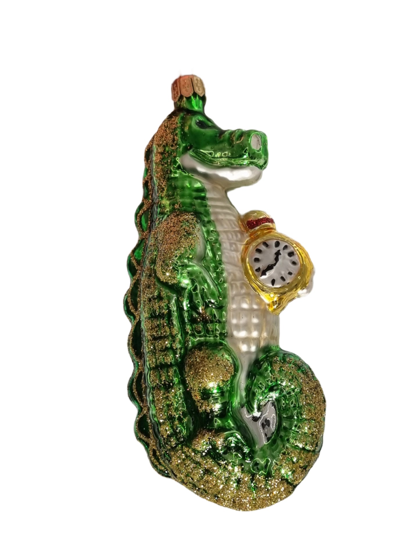 European Glass Christmas ornament of a Crocodile / Alligator with Clock (T)