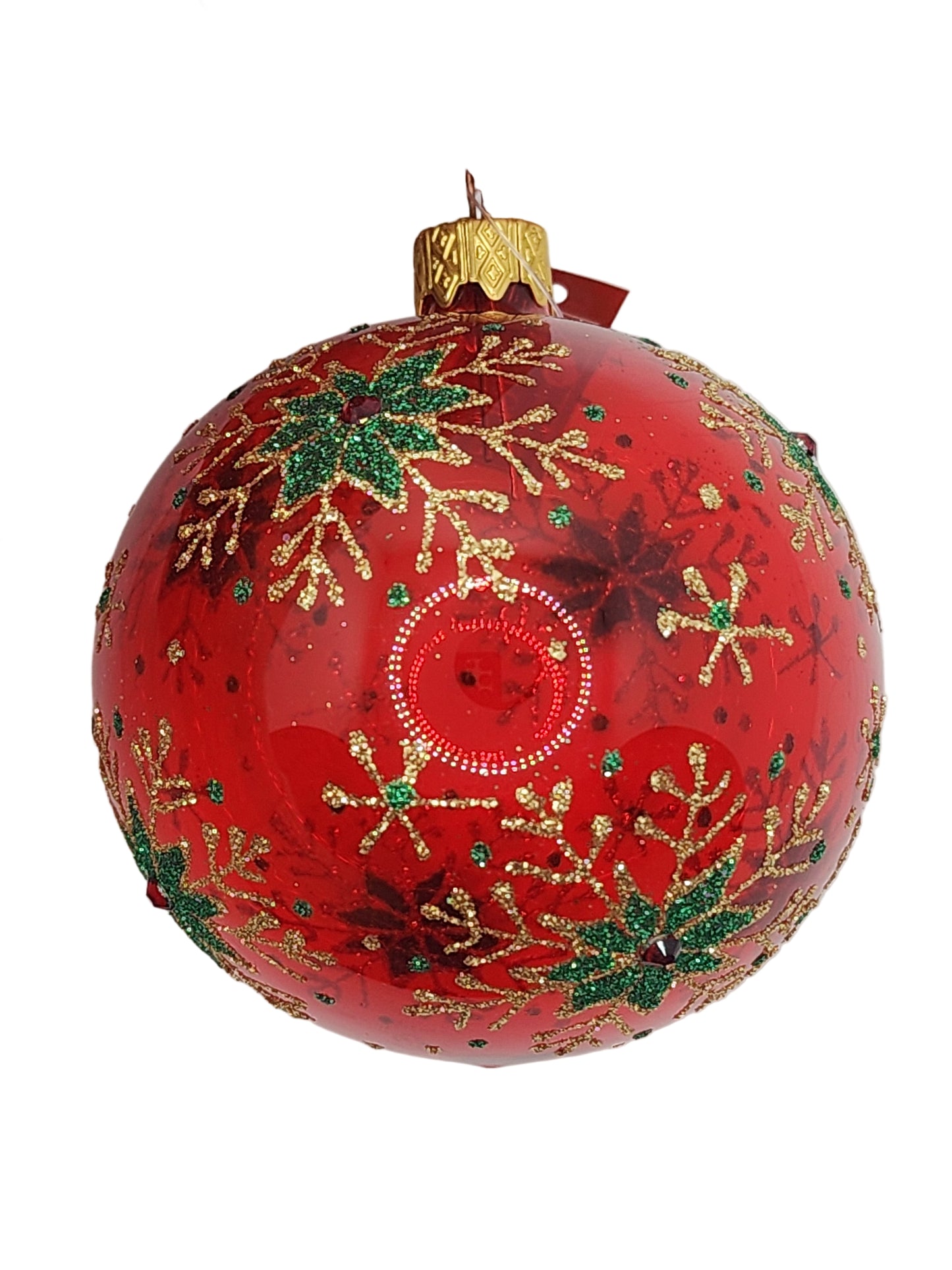 Decorative red Christmas ball ornament with gold and green patterns against a white background