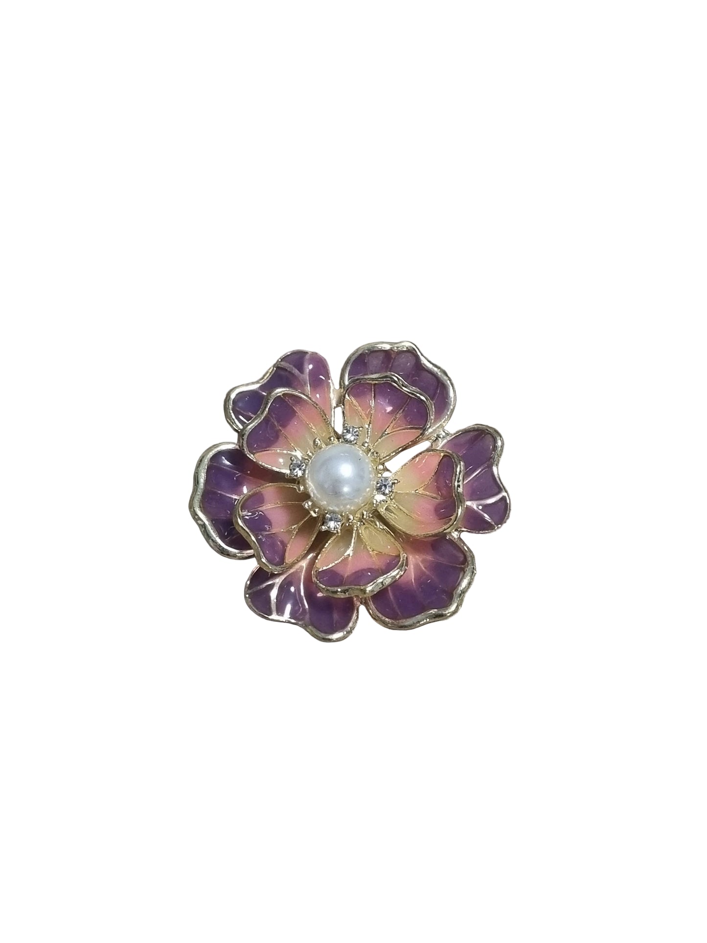 Pink flower-shaped brooch with a central pearl