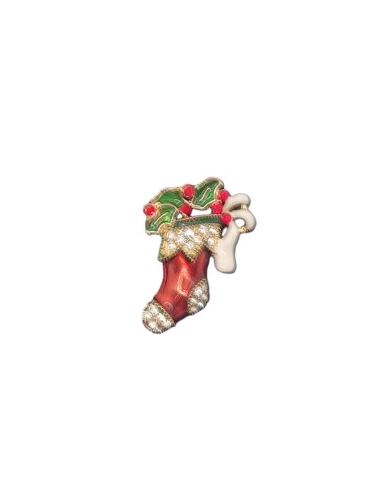 European Glass Christmas ornament of a Enamel Christmas Stocking with Crystal Mistletoe| Brooch IV