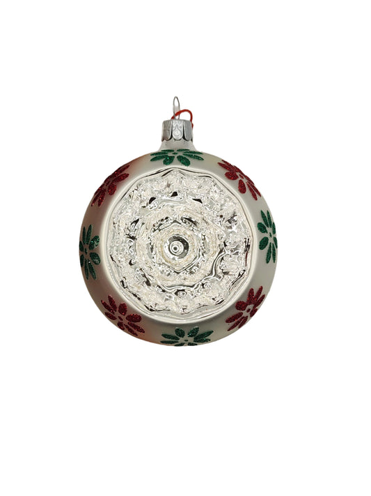 European Glass Christmas ornament of a Bauble | Silver Indent with Red & Green Flowers (E)