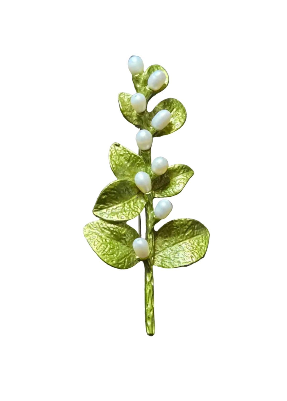 A green faux berry branch brooch with textured leaves and small white pearl-like berries,