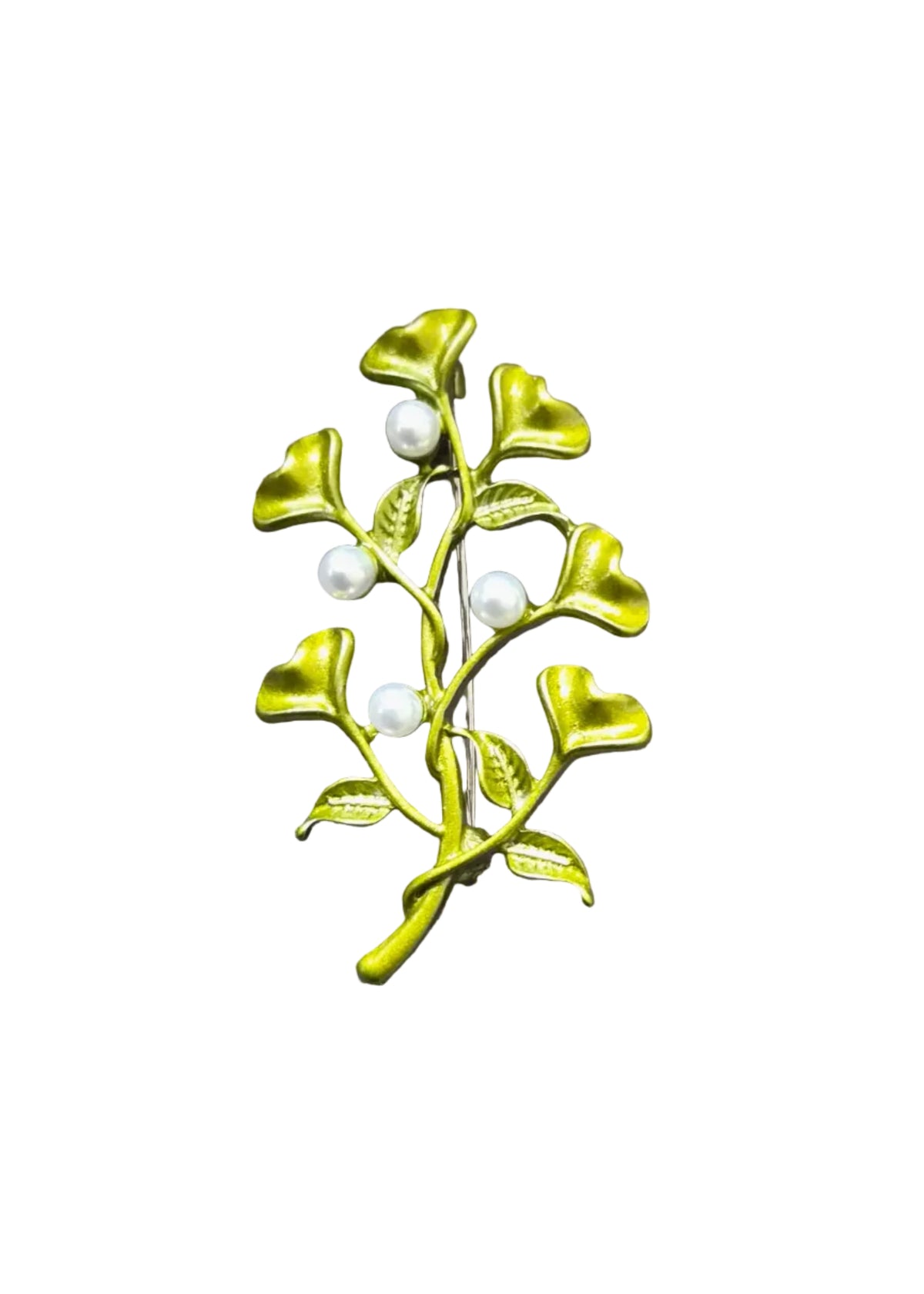 A small floral enamel brooch featuring lime green leaves and five white pearl-like beads