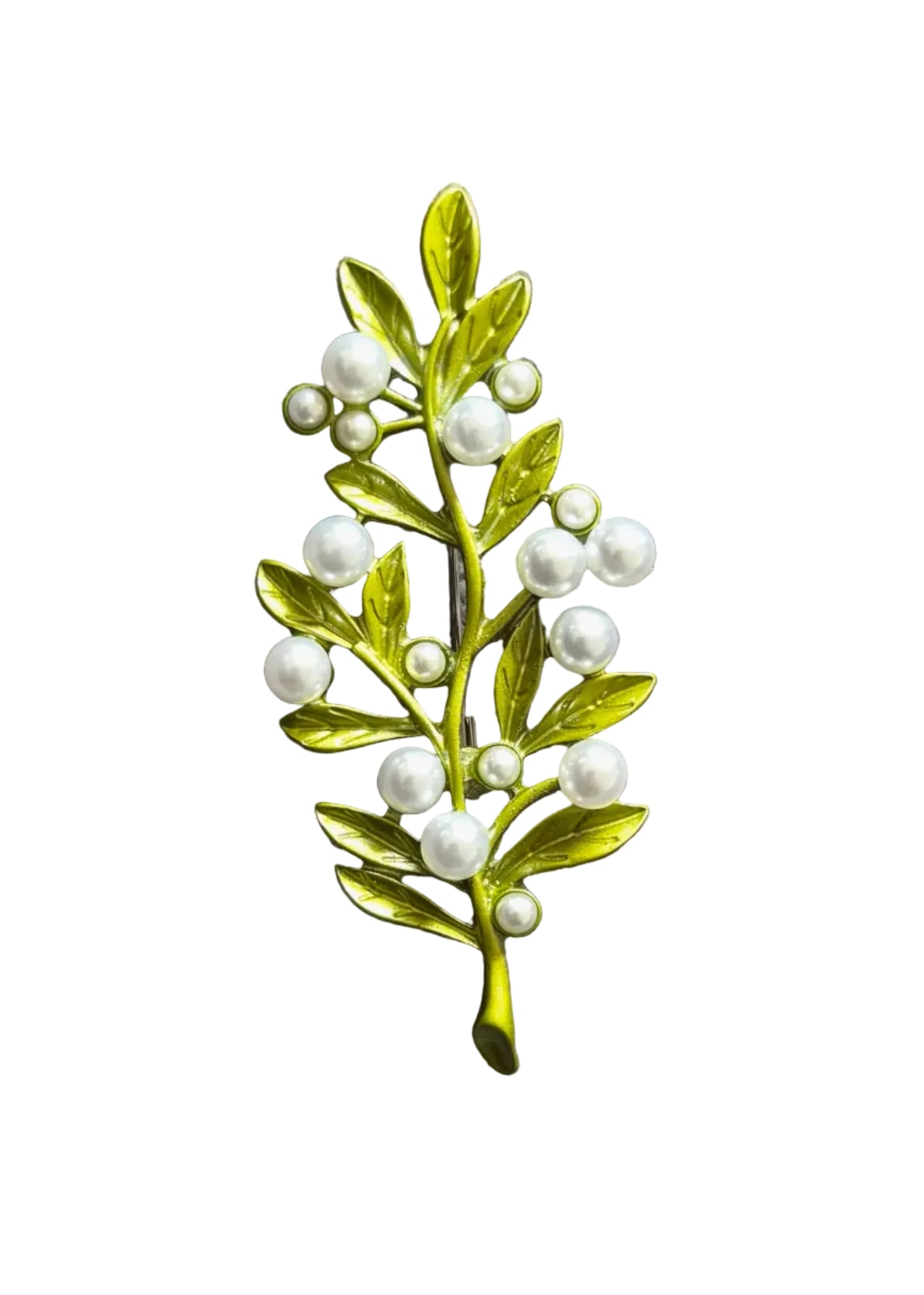 A vintage-style brooch shaped like a leafy branch with glossy gold-toned leaves and white faux pearls.