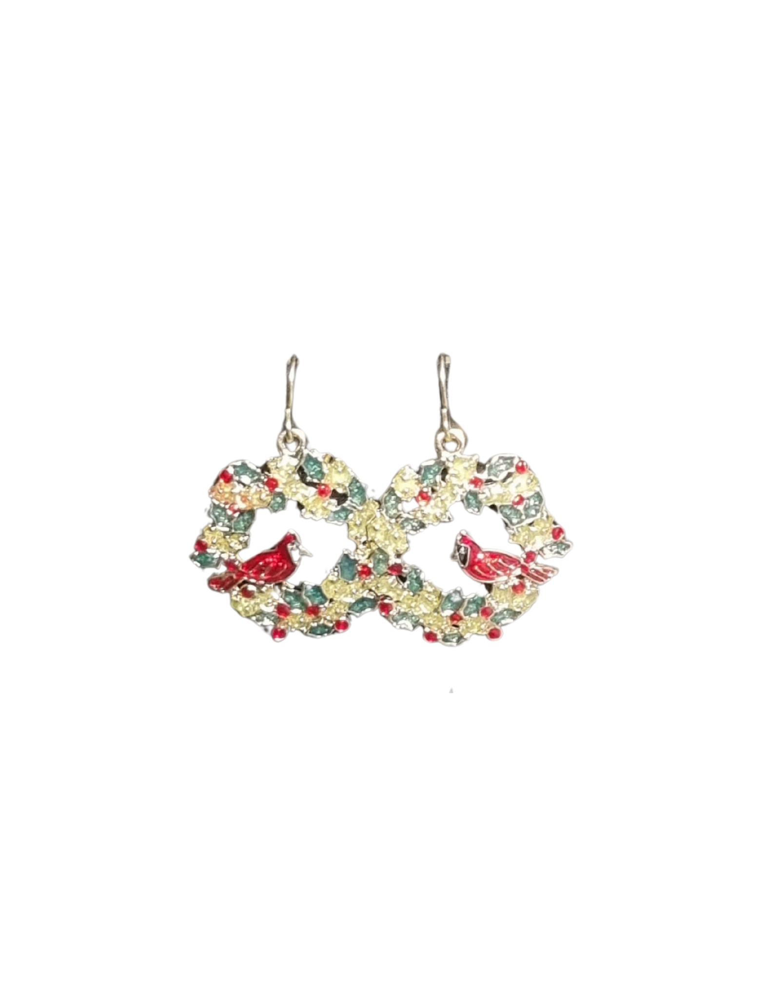 Decorative earrings with floral design and red birds on a white background