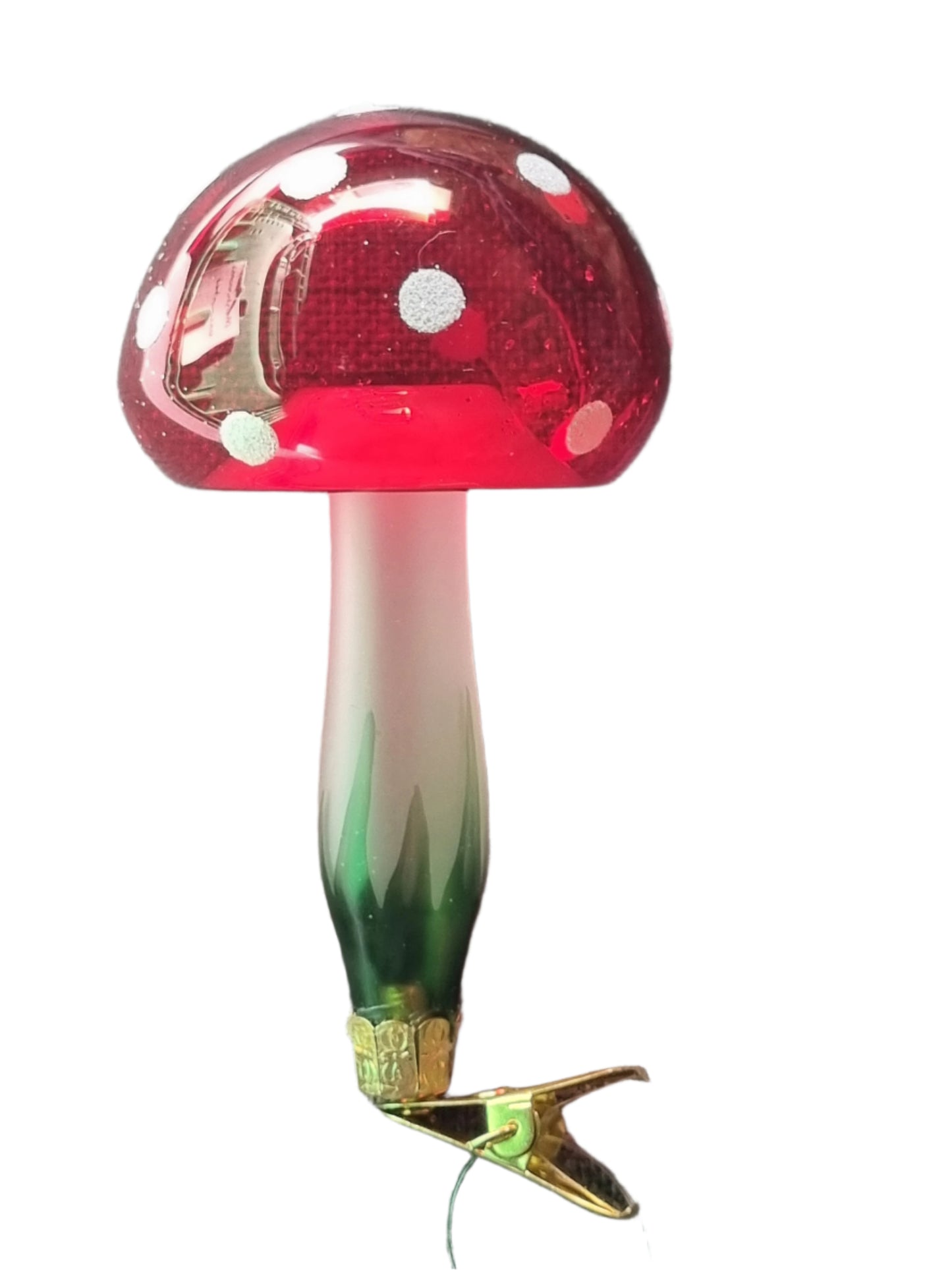 European Glass Christmas ornament of a Mushroom | Green Sparkle Grass White Dots on Clip (K)