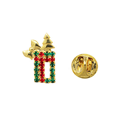 European Glass Christmas ornament of a Crystal Present with Gold Tree | Pins