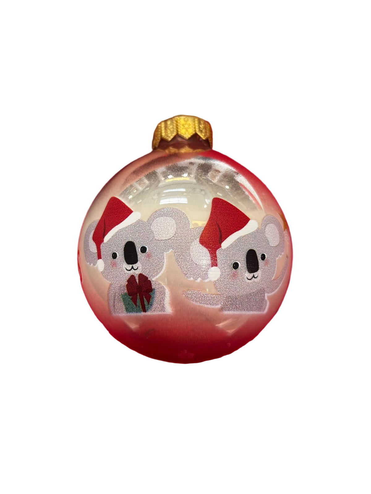 Pink bauble with koalas in Santa hats