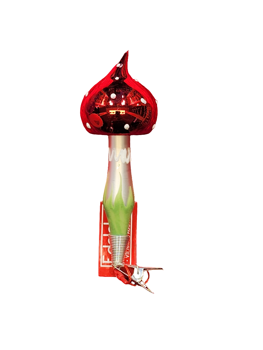 European Glass Christmas ornament of a Mushroom | Green Sparkle Grass White Dots on Clip (K)