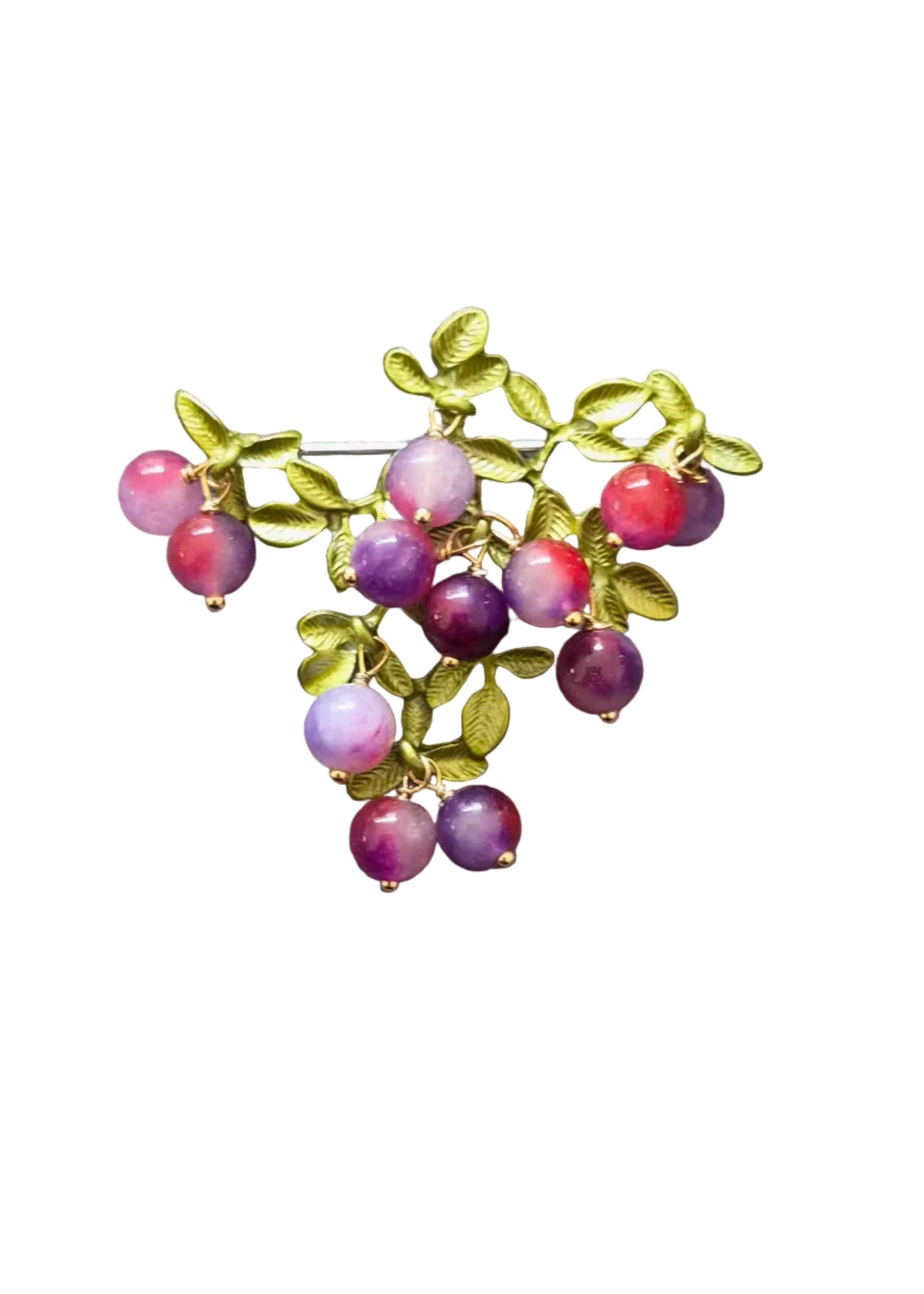 A small cluster brooch featuring purple and pink grape-like beads with green leafy branches