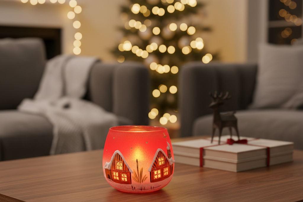 Decorative red glass candle holder with a house design on a white background