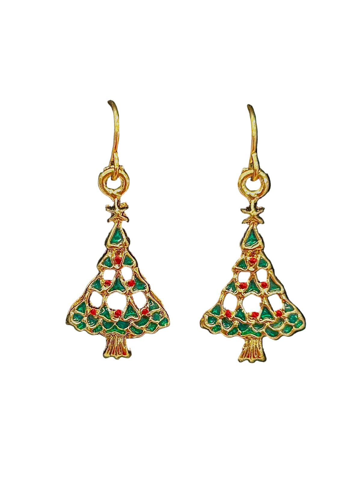 Pair of gold earrings with green and red accents 