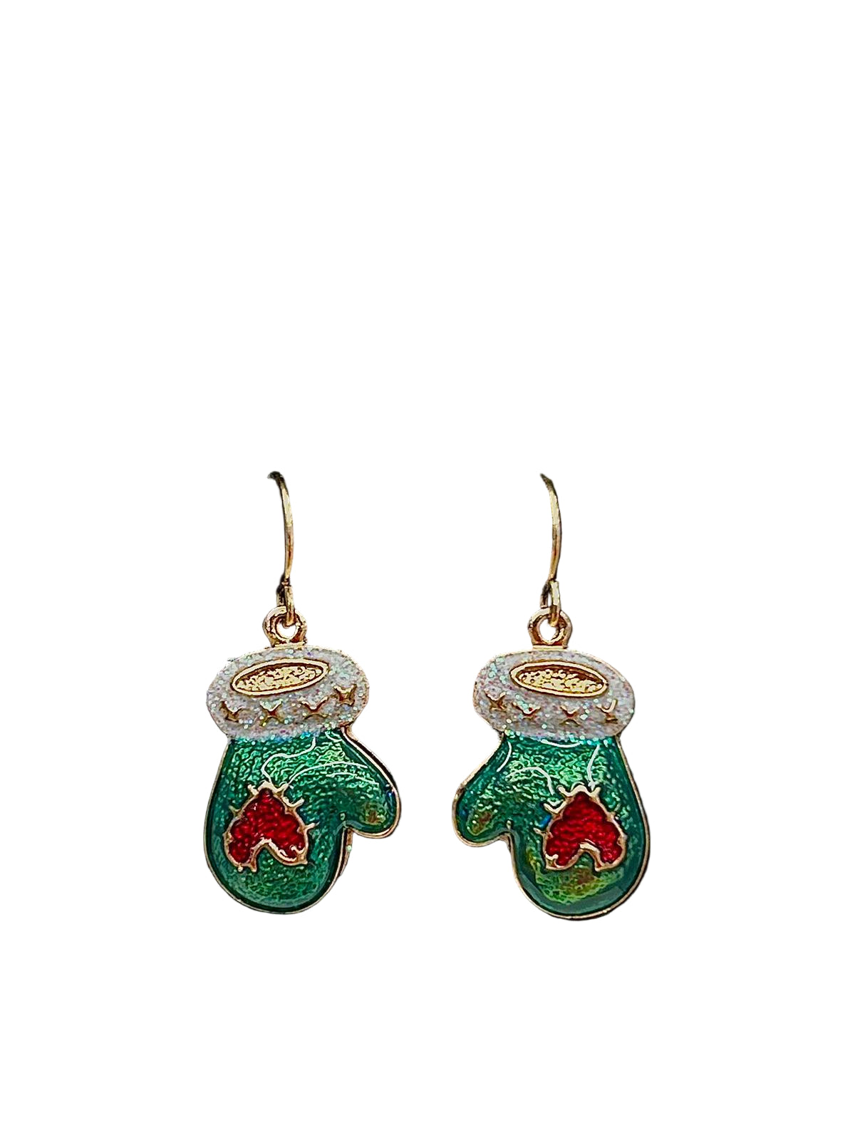Green and red mitten-shaped earrings