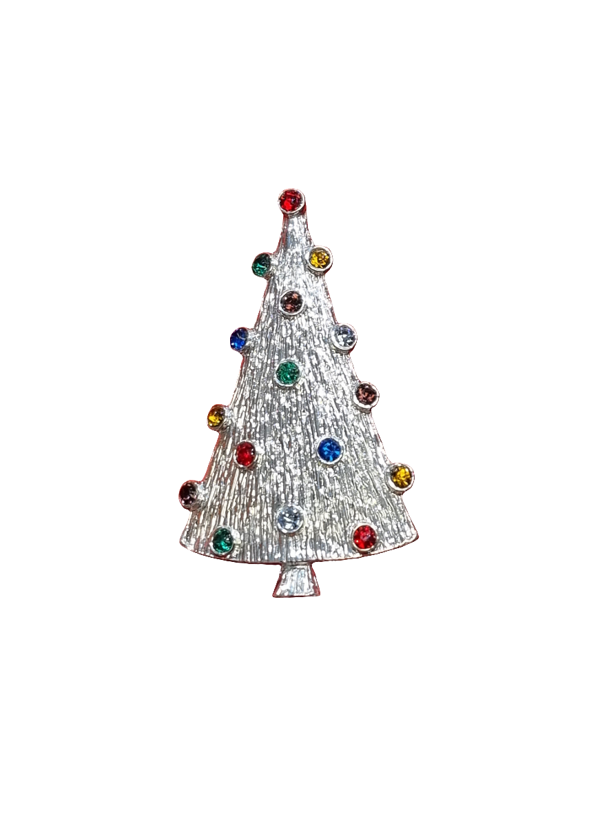European Glass Christmas ornament of a Solid Narrow Christmas Tree with Colourful Crystal Baubles 5cm | Brooch V
