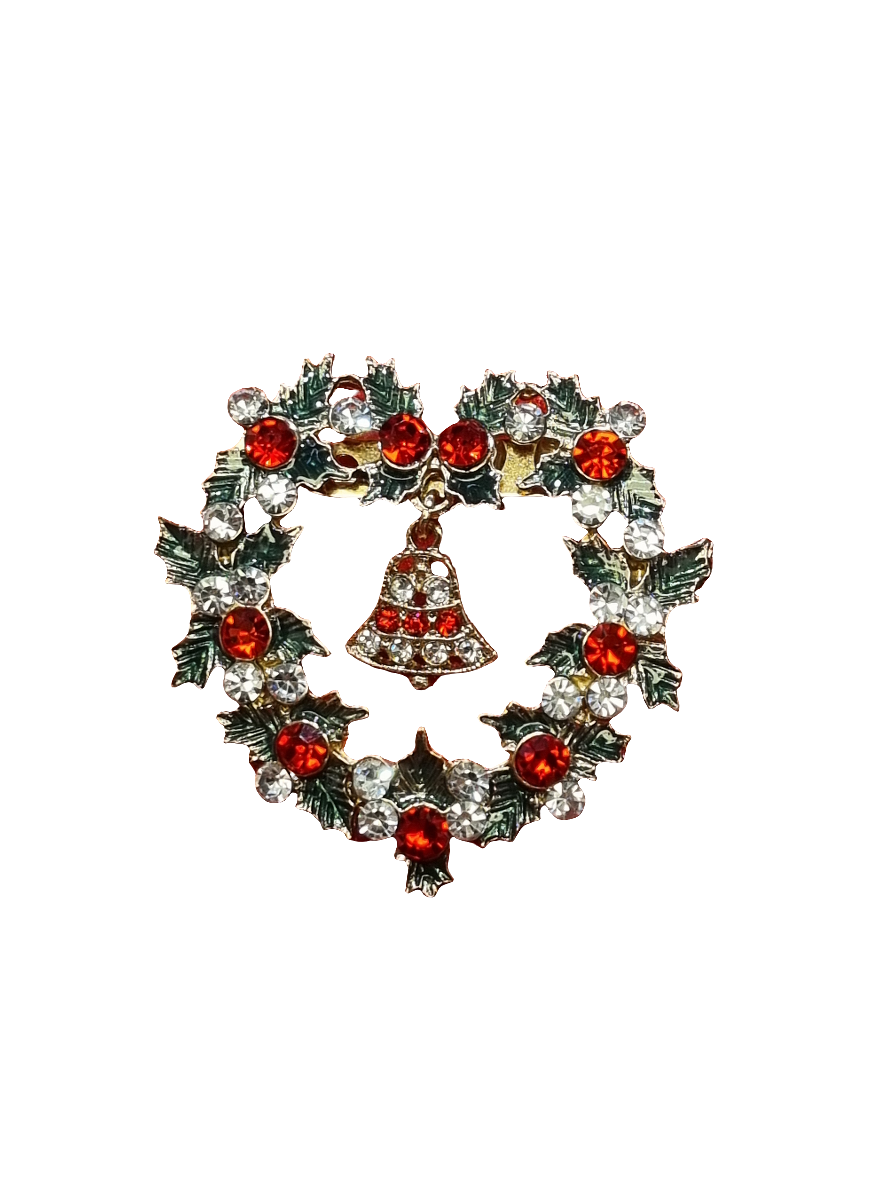 European Glass Christmas ornament of a Crystal Heart Wreath with Bell | Brooch V