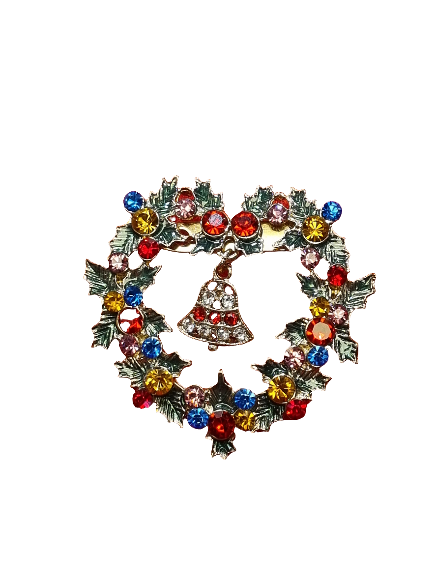 European Glass Christmas ornament of a Colourful Crystal Heart Wreath with Bell | Brooch V